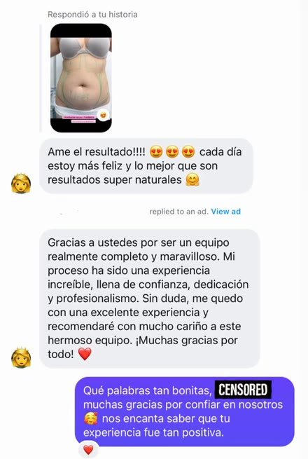 Mensaje de una paciente feliz con el resultado de su MELA de abdomen